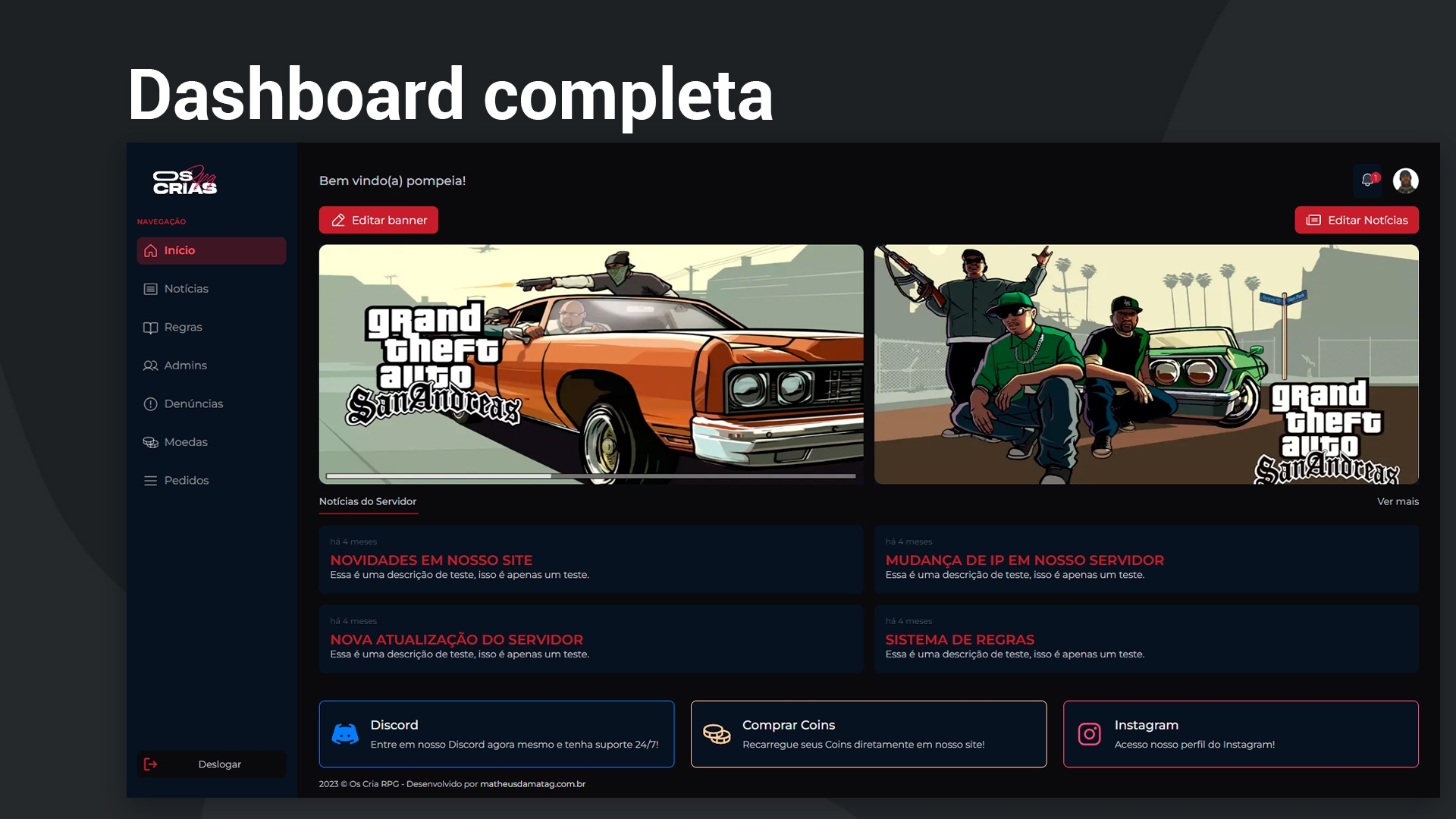 Dashboard para servidor RPG do GTA